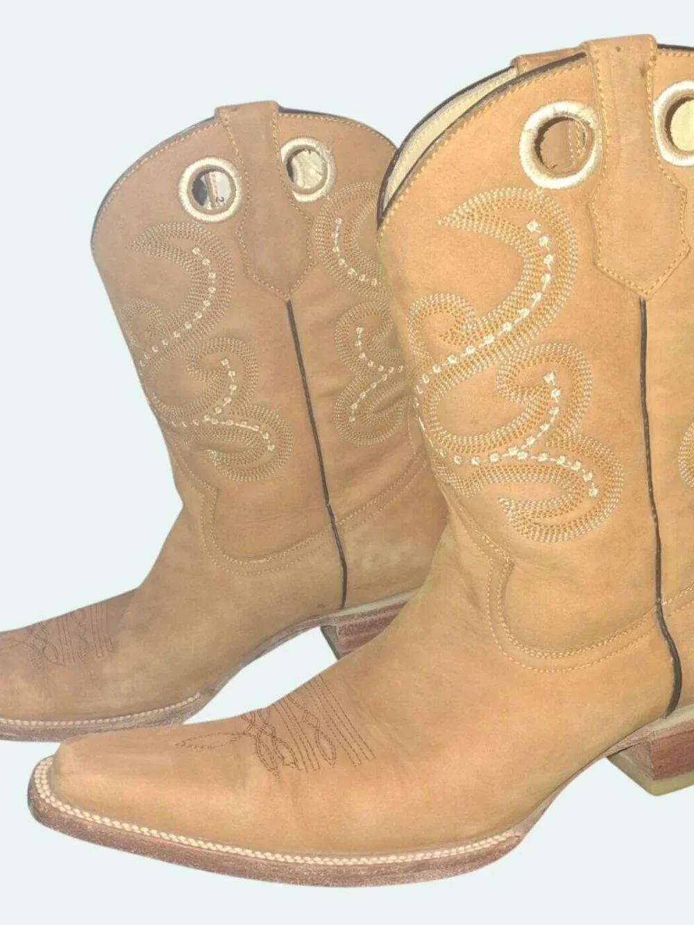 Rayas Tan Leather Western Cowboy Boots With Embroidered Details Square SH7